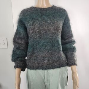 Vntage NELL FLOWERS Mohair Wool Blend Knit Pullover Sweater Green Gray Ombre S/M